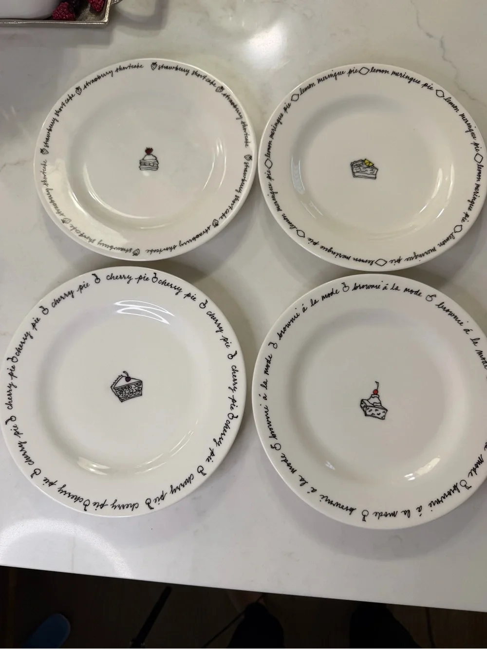 Pottery Barn porcelain Dessert Plates – White with Black Script and Cake Motifs